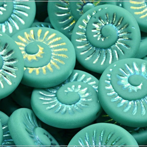 4 pcs Opaque  Green Turqoise AB Matted Czech Glass Fossil Shell, Nautilus, Ammonite Beads 18x18 mm (13958)