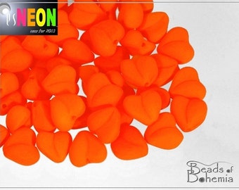 UV Active Neon Orange Czech Glass Heart Beads, 20 pcs (7510)