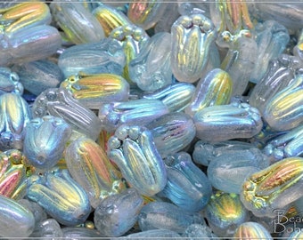 12 pcs Crystal Blue Rainbow Czech Glass Tulip Bud Flower Beads 12x8 mm (13615)