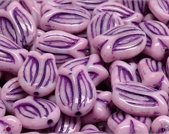 6 pcs Opaque Pink Purple Wash Czech Glass Tulip Flower Beads 16x11 mm (12226)