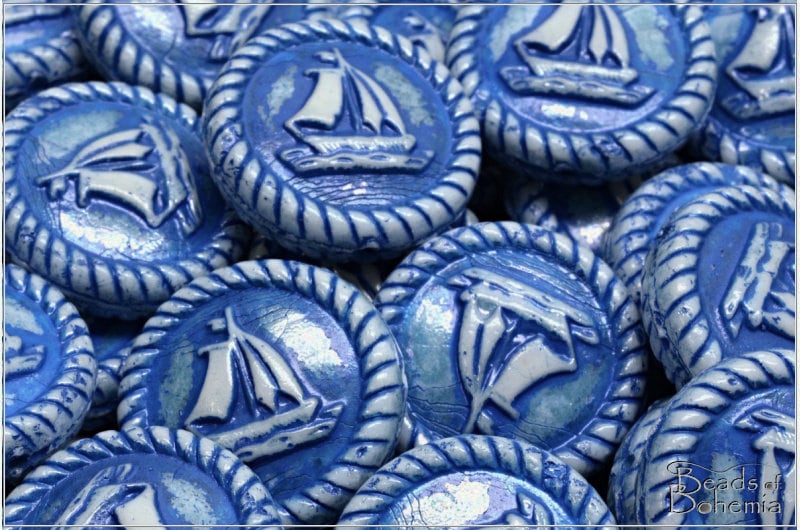 2 pcs White Blue Luster Navy Blue Wash Czech Glass Boat Medallion Beads 20x20 mm (13960)
