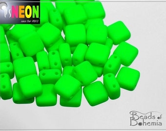 UV Active Neon Green Czech 2 Hole Tile Beads 6 mm, - 20 pcs (T2)