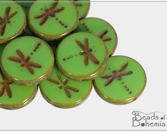 4 pcs Opaque Green Picasso Czech Glass Table Cut Dragonfly Coin Bead 17 mm (9215)