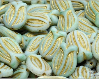 6 pcs Mint-White Bicolor Matted, Gold Wash Czech Glass Tulip Flower Beads 16x11 mm (12631)