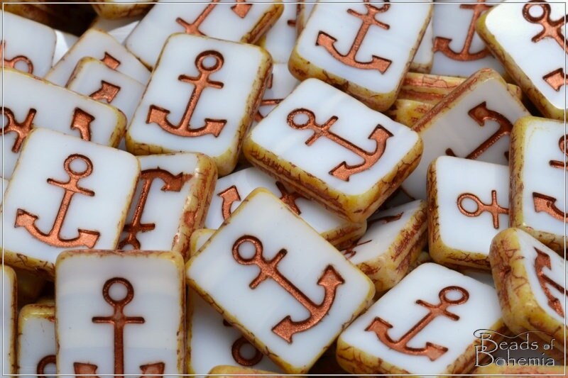 4 pcs Opaque White Copper Wash Czech Glass Table Cut Anchor Rectangle Bead 18x12 mm (12207)