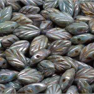 20 Pcs Czech Glass Beech Leaf Beads 11x7 mm, Chalk Safari (12165)