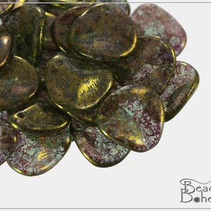 10 pcs Gold Stained Peridot Czech Rose Petal Beads 14x13 mm (9631)