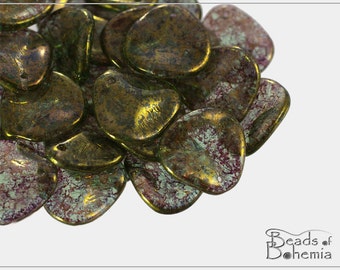 10 pcs Gold Stained Peridot Czech Rose Petal Beads 14x13 mm (9631)