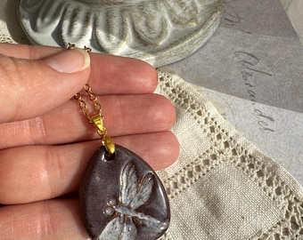 Handmade Ceramic Purple Dragonfly Pendant Necklace with Gold Chain