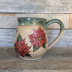 Poinsettia Mug Wheelthrown Handmade Stoneware Coffee Cup 16 ounce