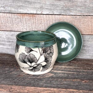May include: A ceramic planter with a matching saucer. The planter is off-white with a black botanical design and a teal green rim. The saucer is teal green. The planter and saucer are on a wooden surface.