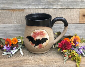 Bat Moon Halloween Mug 16 oz Handmade Stoneware Pottery
