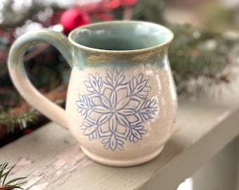 Handmade Snowflake 16 Oz Ceramic Mug | Wheel-Thrown Hand-carved Hand-glazed