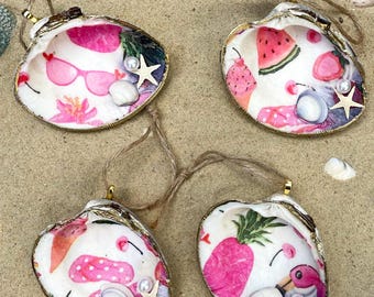Decoupaged Seashell Ornament - Coastal Shell Decor - Handmade Beach Cottage Ornament - Fun in the Sun Summer Decor