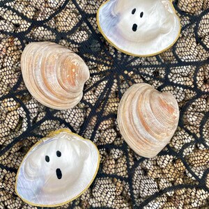 Op de afbeelding: Vier schelpen, waarvan twee met geschilderde spookgezichten, liggen op een zwart net over een bed van kleine, bruine kiezelstenen. De schelpen hebben een parelmoerachtige binnenkant en een gouden rand.