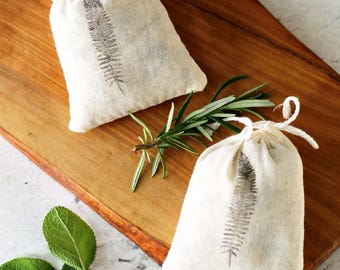 Dried Rosemary and Sage Herbal Fragrance Sachet - Herb Floral Hand Stamped Muslin Bag