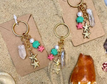 Mermaid Inspired Crystal Keychain - Beach-Themed Seashell & Starfish Keyring - Ocean Bag Charm - Coastal Accessory - Handmade Gift