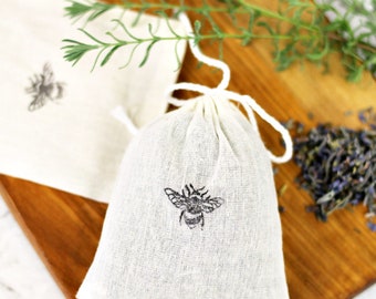 Dried Lavender Sweet Floral Fragrance Sachet - Bumble Bee or Bunny Rabbit Cottagecore Stamped Muslin Bag