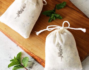 Dried Mint Herbal Fragrance Sachet - Peppermint - Herb Floral Hand Stamped Muslin Bag