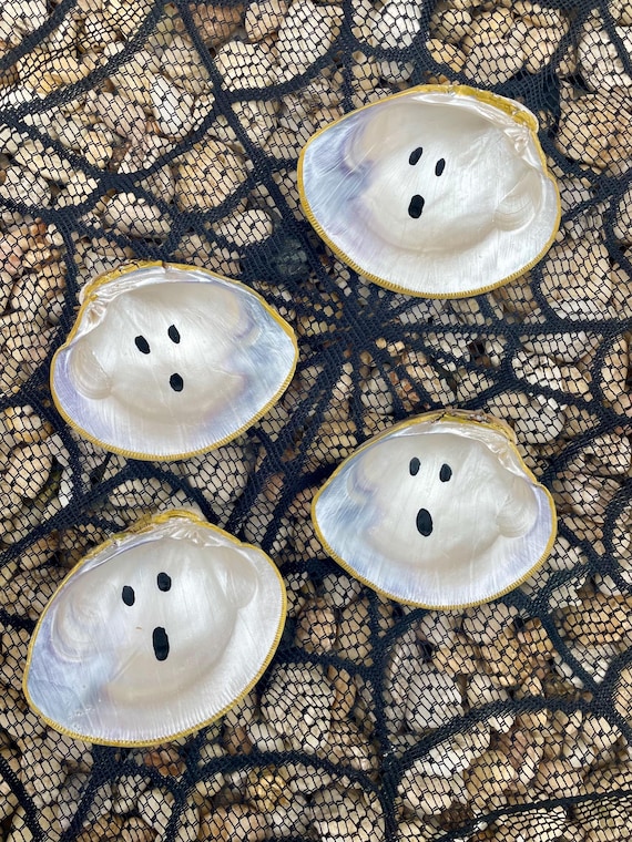 Hand Painted Ghost Seashell - Coastal Halloween Decor - Pearlescent Clam Shell with Gold Trim - Whimsical Beachy Trinket Dish