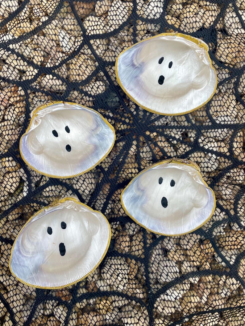 Op de afbeelding: Vier witte spookdecoraties van zeeschelpen met zwarte stipogen en -monden. De schelpen hebben een parelmoerglans en een gouden rand. Ze zijn gerangschikt op een zwart net over een bed van kleine, beige stenen.