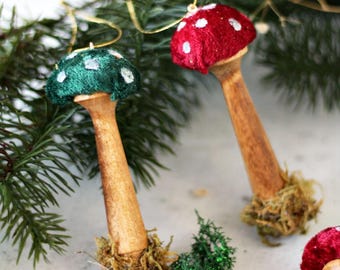 Red Green Velvet Glitter Mushroom Toadstool Wood Moss Ornament - Woodland Fairy Enchanted Cottagecore Christmas Tree Holiday Decoration