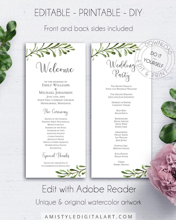 wedding reception program template wedding party ceremony etsy