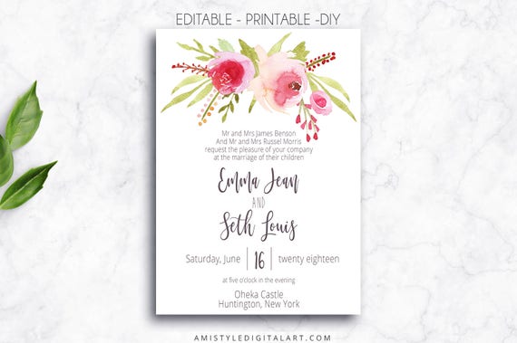 printable wedding invitation editable pdf printable etsy