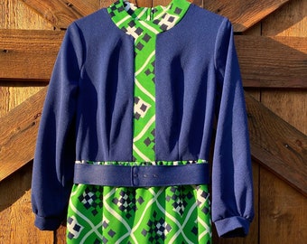 Vintage 1960’s Mod GoGo Navy And Kelly Green Midi Dress Size 2 Or 4