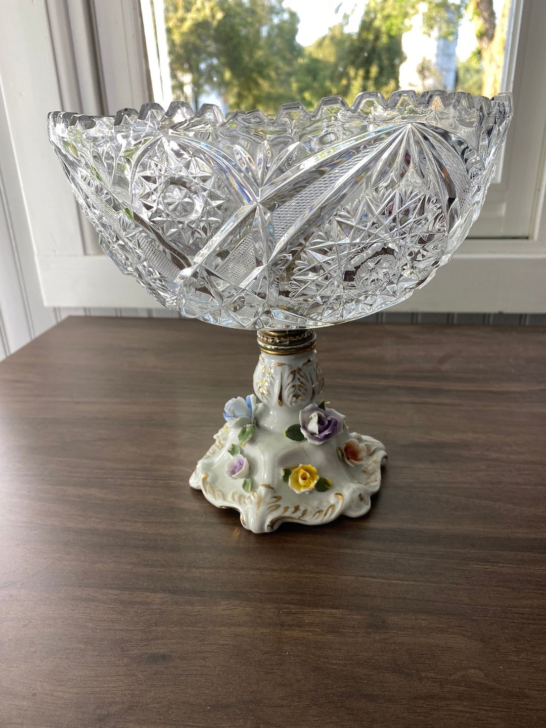 Vintage Cut Glass Pedestal Bowl With A Porcelain Base Etsy