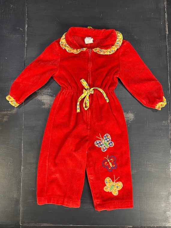 Vintage Girl’s Red Velour Jumpsuit Size 9-12 month