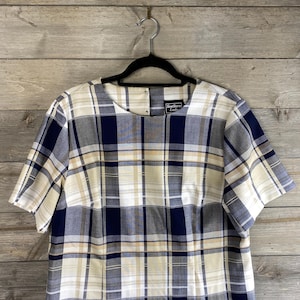 Vintage Woven Plaid Short Sleeved Blouse Size Large
