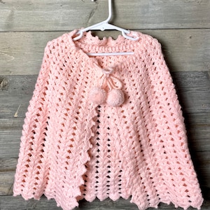 Vintage Little Girls Pink Crocheted Hooded Cape Or Poncho Size Small /Medium NOT Digital Download