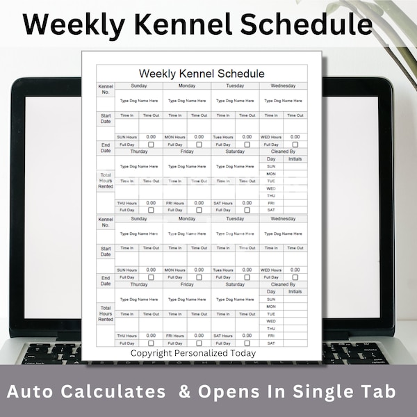 Weekly Dog Kennel Schedule Template Google Sheets Editable Spreadsheet With Fillable Text & Automatic Hours and Balance Calculations