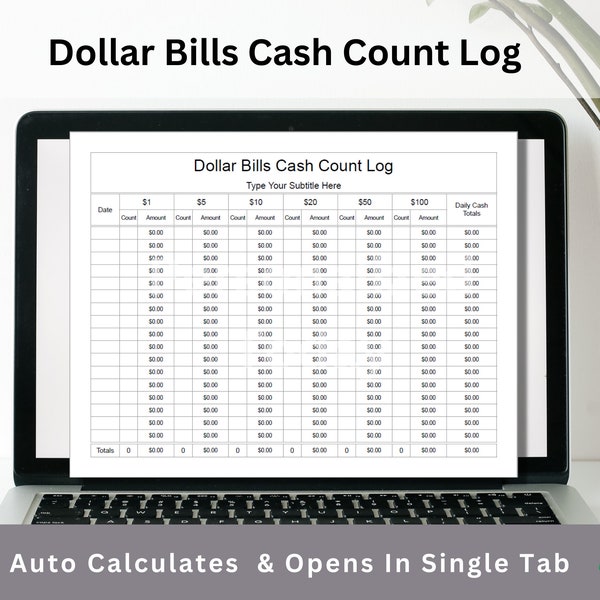 Dollar Bills Only End of Day Cash Count Report With No Cents Currency Cash Breakdown Google Sheets Template Auto Calculating US Letter Size