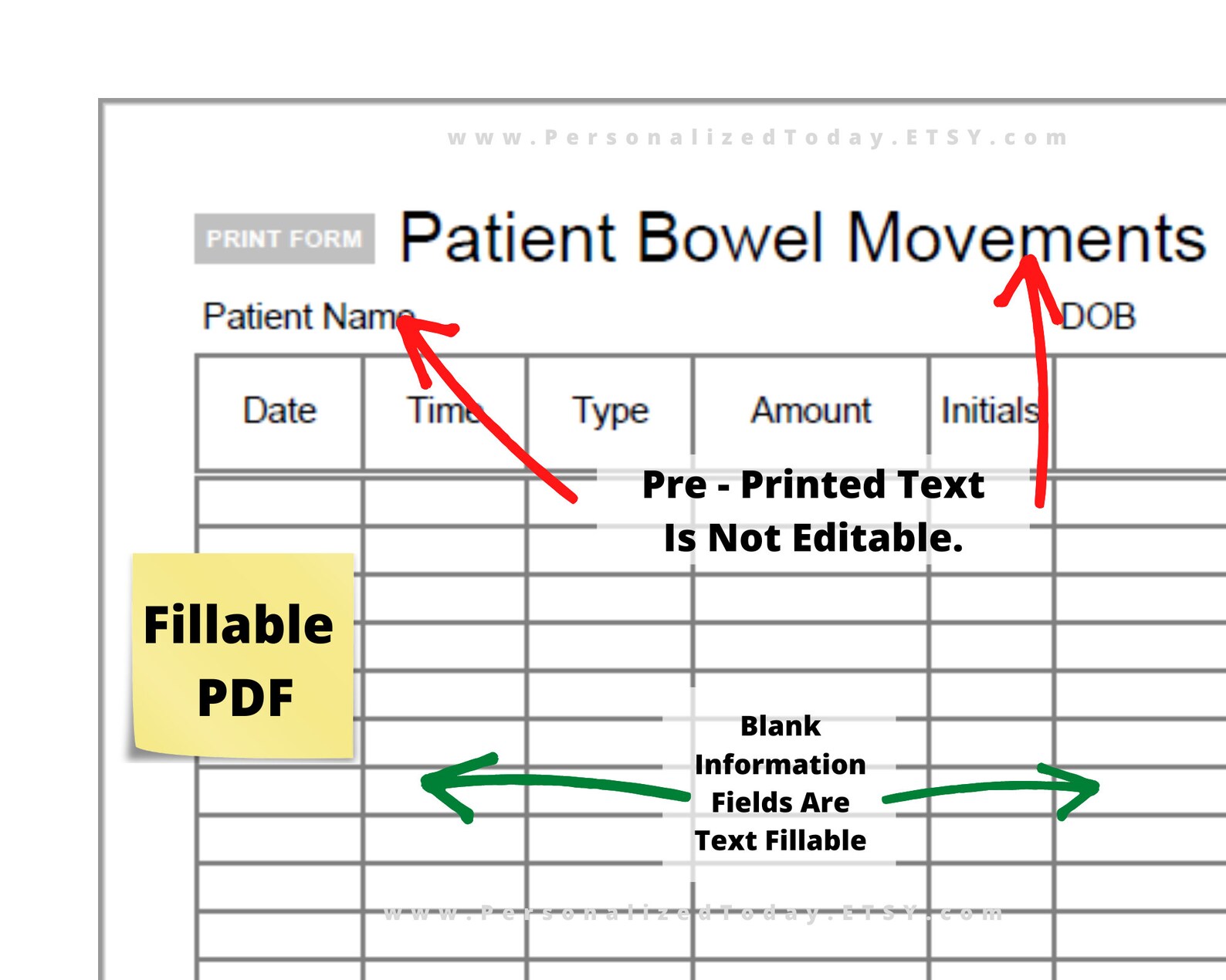 Printable Patient Bowel Movements Log Print and Write and Fillable PDF ...