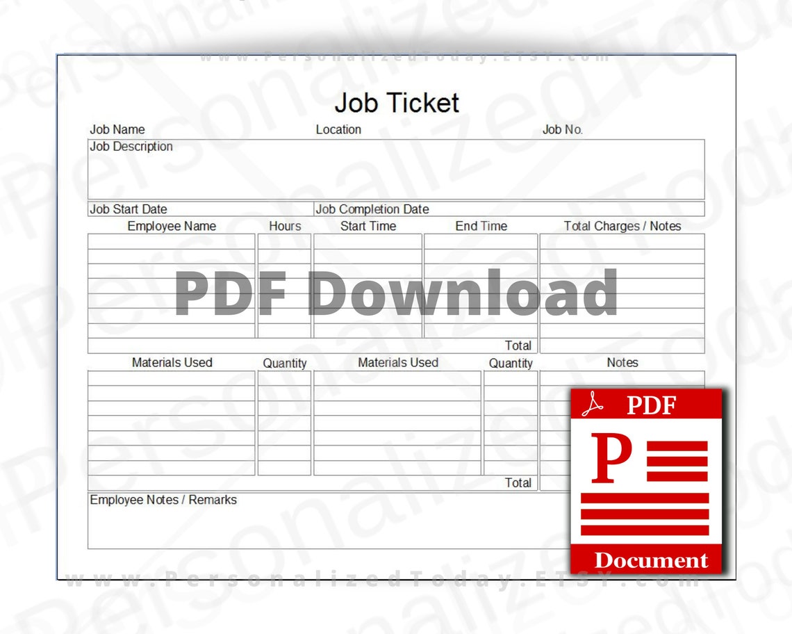 Job Ticket Work Order Form Fillable PDF US Letter Size Digital Etsy