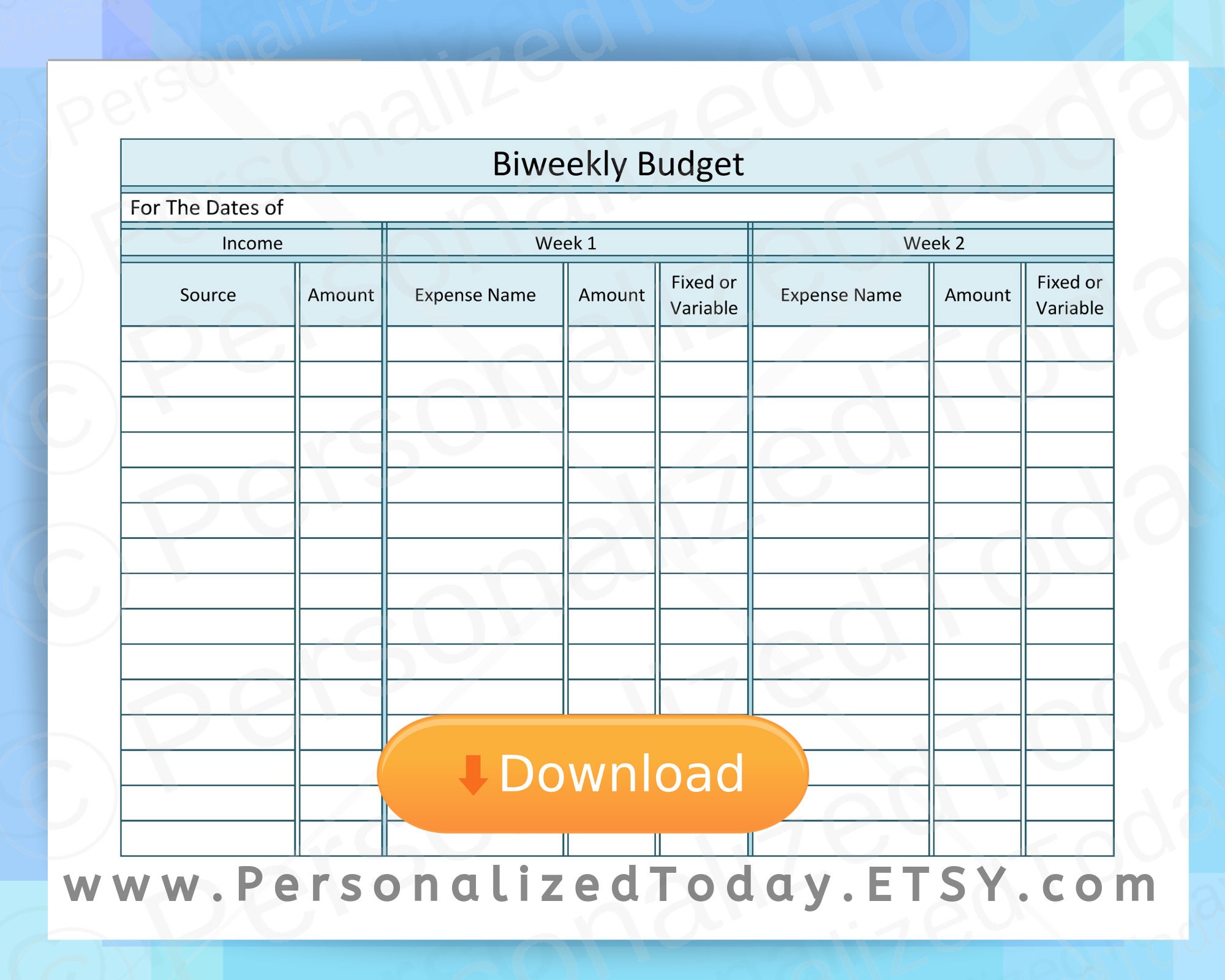 Biweekly Budget Paid Every 22 Weeks Print and Write PDF Digital Download US  Letter Size