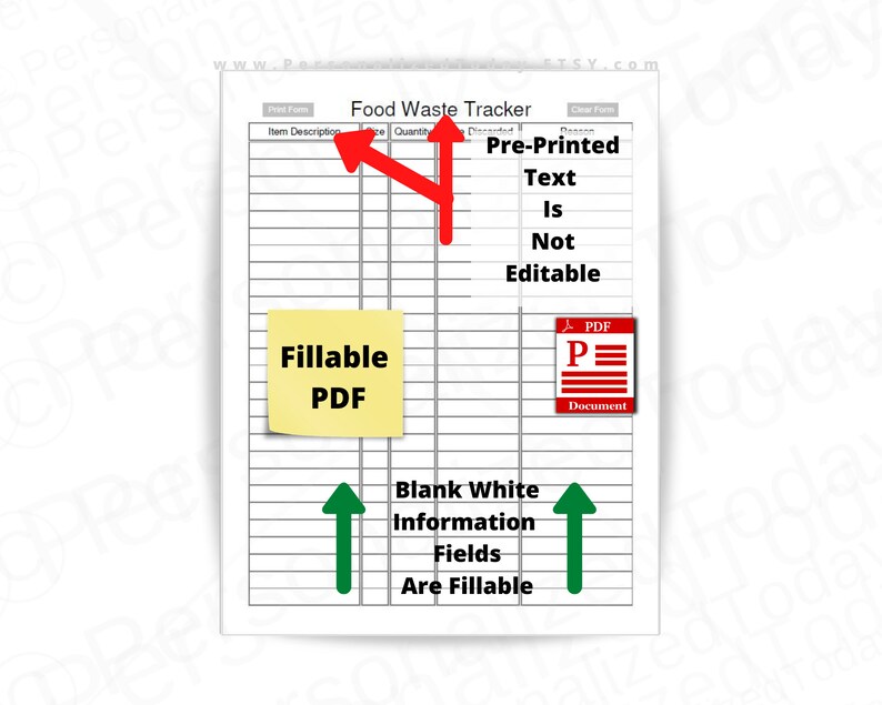 Food Waste Tracker Fillable and Print and Write PDF Digital Download