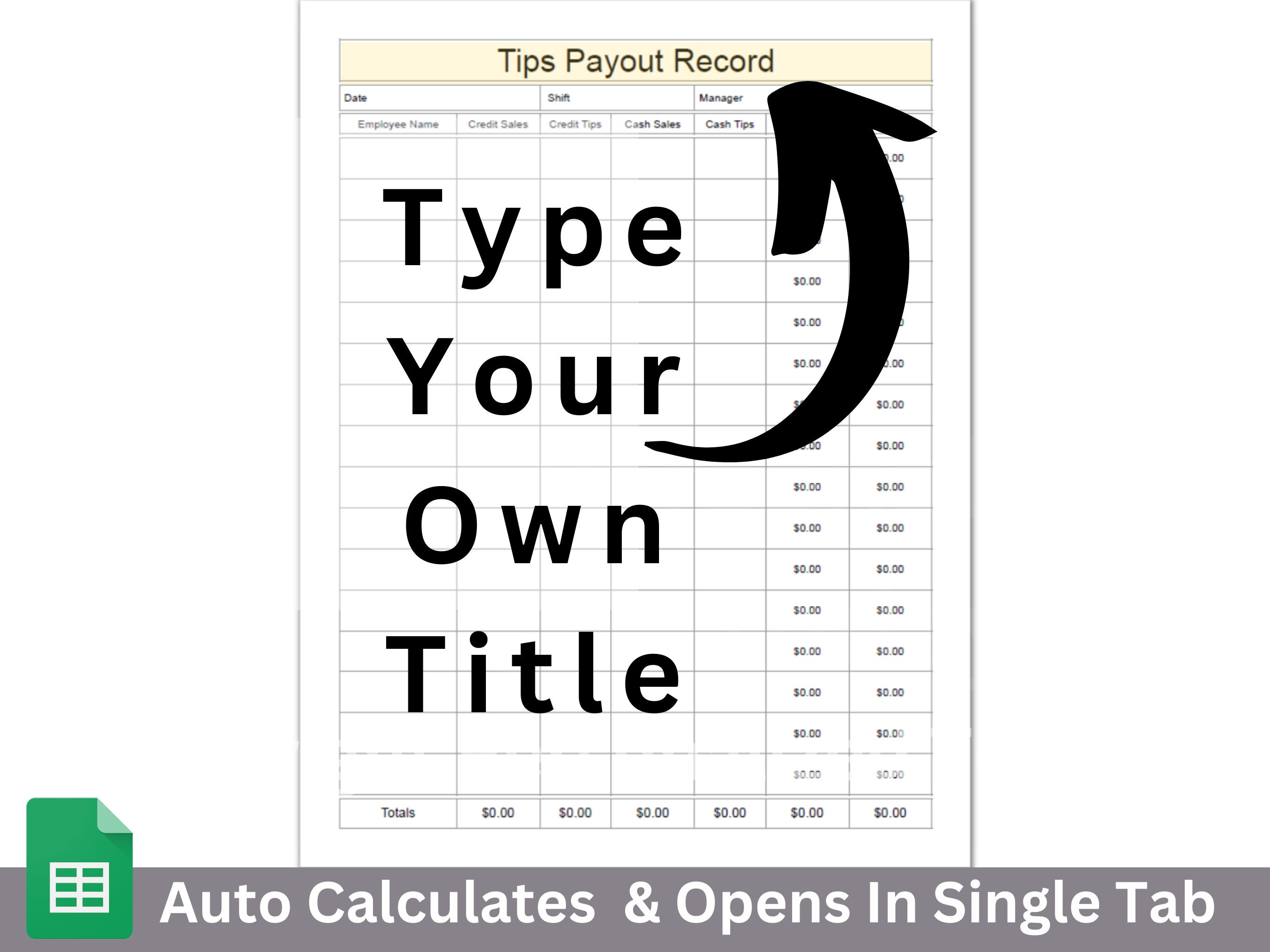 Tips Payout Record Cash and Credit Gratuities Spreadsheet With