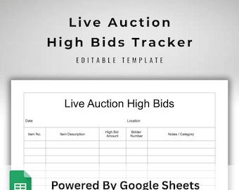 Live Auction Tracker - Google Sheets Template - Auction Inventory Log - Bidder and High Bid Numbers Sheet - 10 Page Printable Clerk Ledger