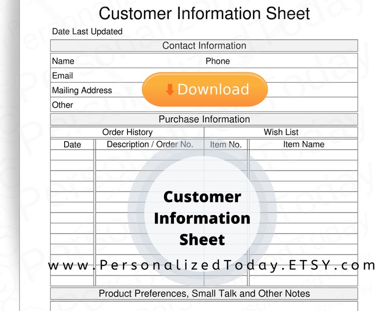 Printable Direct Sales Customer Information Sheet PDF Digital | Etsy