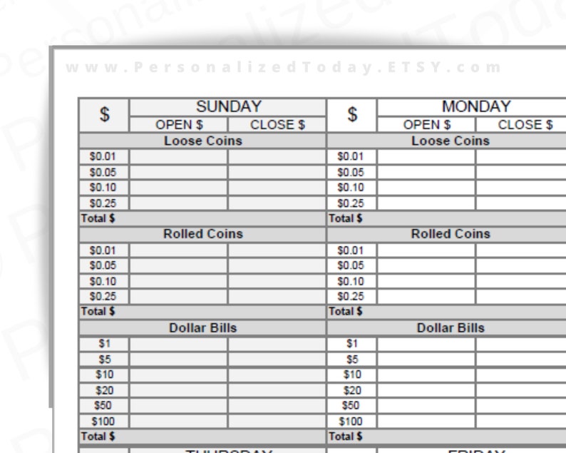 Weekly Cash Register Drawer Count Sheet Fillable and Print and Etsy