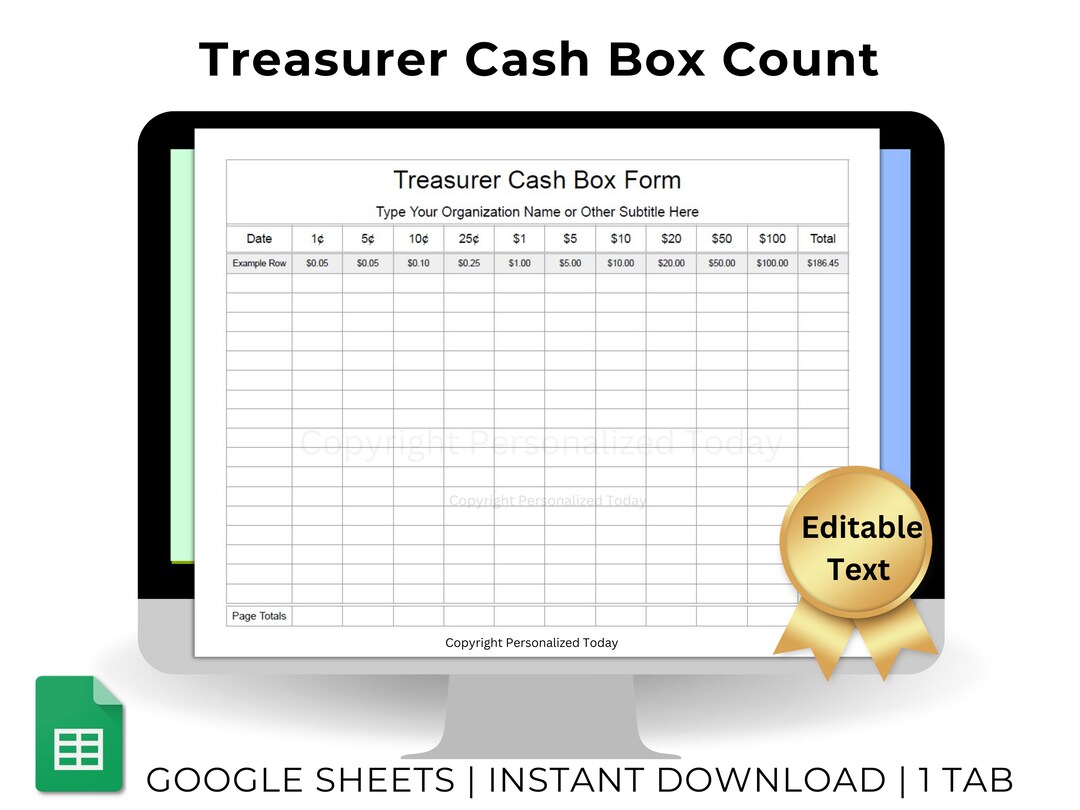 Treasurer Cash Box Form Track Cash Intake Totals for Multiple Days With