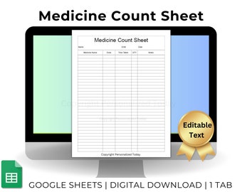 Medicine Count Sheet Daily Medication Times and Doses Tracker For One Person Multiple Meds List Template Text Editable Google Sheets Form