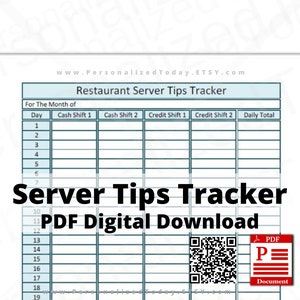 Printable Restaurant Server Tips Tracker Monthly Cash and - Etsy
