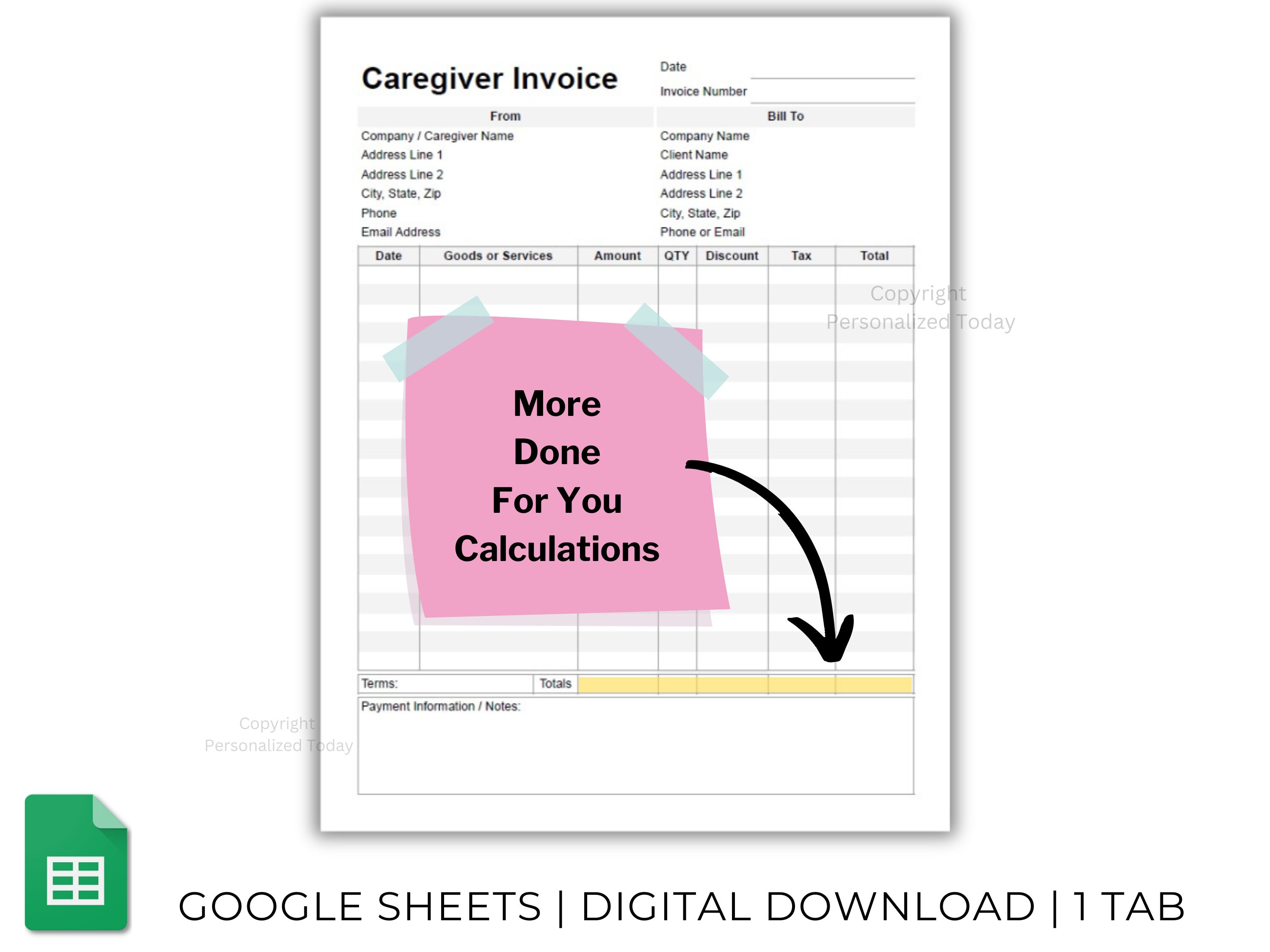 Caregiver Invoice Business Receipt Form for Home Care and Residential ...