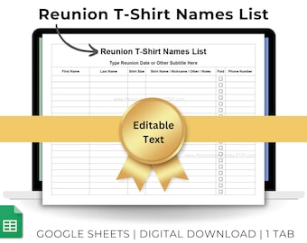 Reunion Shirts Order Form With Reunion Attendee Names and Sizes Text Editable Google Sheets T-Shirt Orders Template US Letter Size Printable