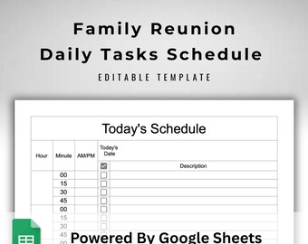 Family Reunion Daily Schedule Template - Google Sheets Planner - Editable Itinerary Organizer - 15 Minute Appointment Tracker