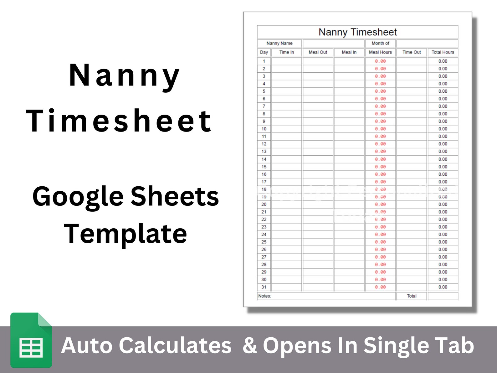 Daily Monthly Nanny Timesheet Google Sheets Template Editable